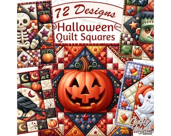 72 Halloween Quilt Square Patterns, Halloween Clipart PNG, Halloween Clip Art, Spooky Quilt Blocks, Pumpkin Ghost Witch Designs, Fall PNG