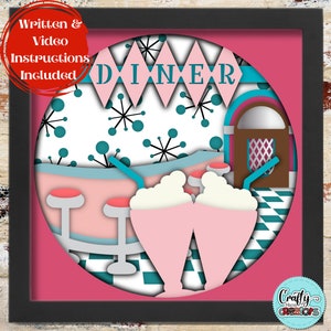 3D 50s Diner Shadow Box Svg, Retro Svg Shadowbox, Juke Box Svg 3D Layered Papercut, Vintage SVG Files For Cricut, Milkshake Svg Shadow Box
