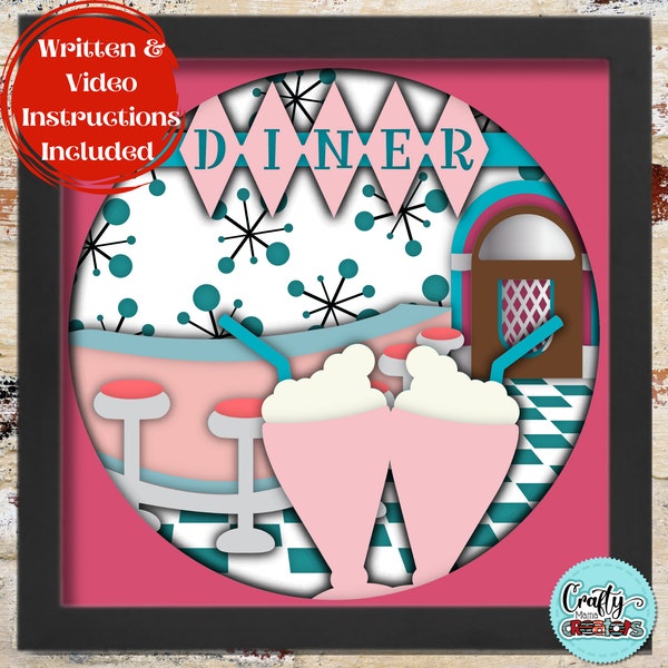 3D 50s Diner Shadow Box Svg, Retro Svg Shadowbox, Juke Box Svg 3D Layered Papercut, Vintage SVG Files For Cricut, Milkshake Svg Shadow Box