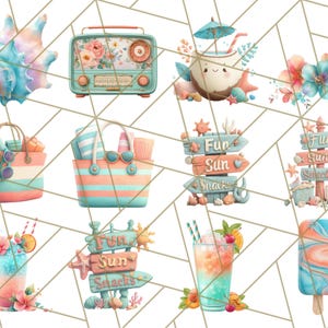 May include: A set of digital illustrations featuring summer-themed items, including a seashell, a vintage radio, a coconut with a straw, a beach bag, a sign that says "Fun Sun Snacks", a cocktail, and a popsicle. The illustrations are in a cartoon style and feature bright colors.
