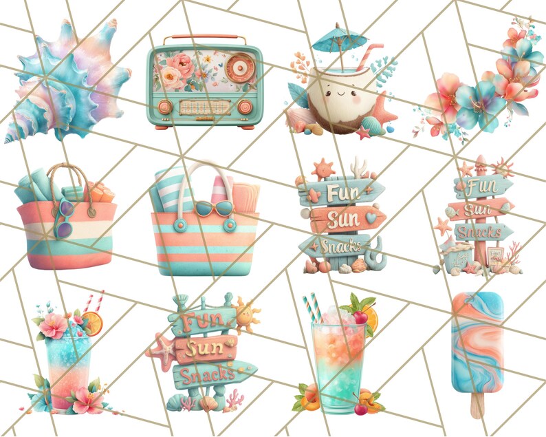 May include: A set of digital illustrations featuring summer-themed items, including a seashell, a vintage radio, a coconut with a straw, a beach bag, a sign that says "Fun Sun Snacks", a cocktail, and a popsicle. The illustrations are in a cartoon style and feature bright colors.