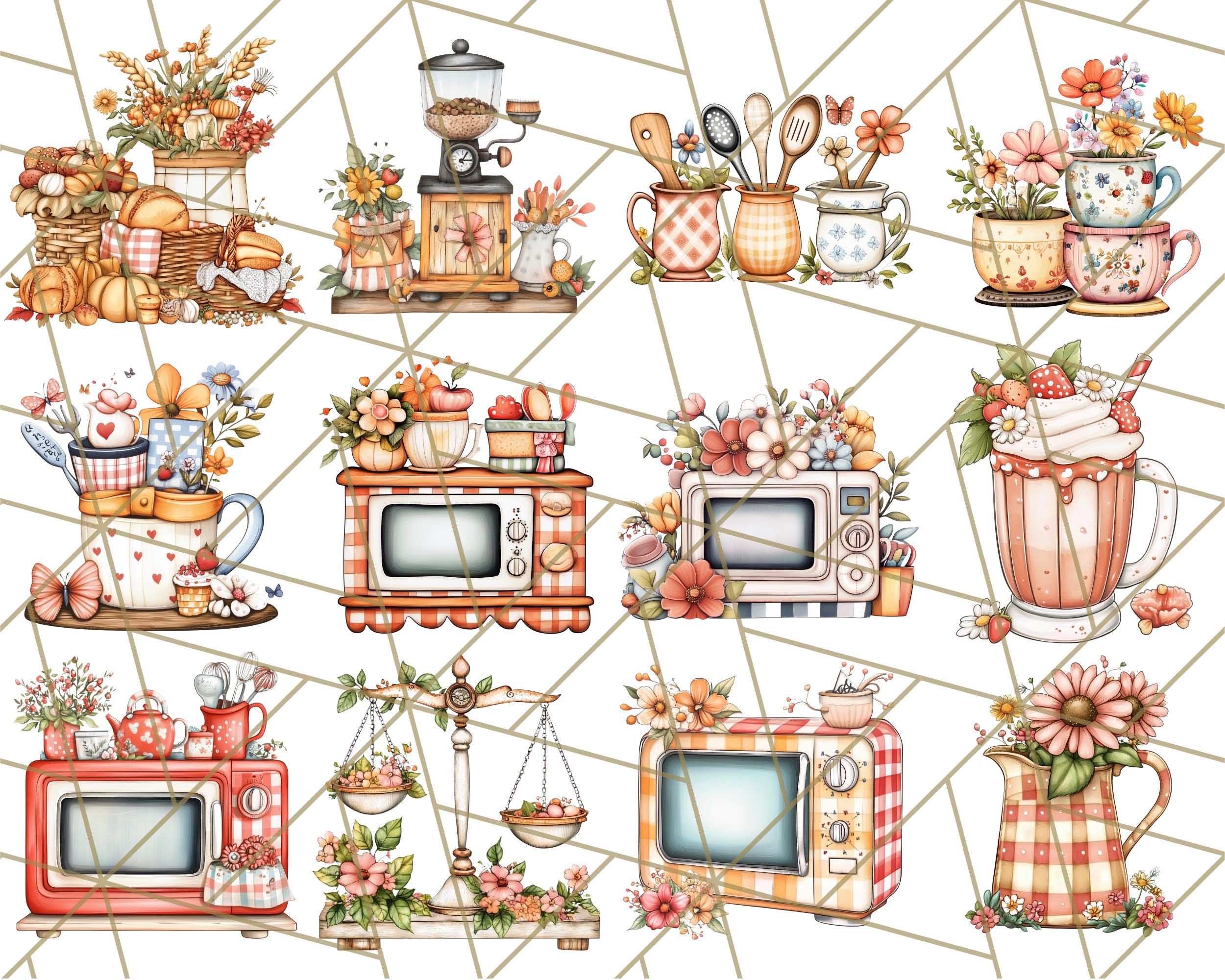 vintage floral kitchen scene clipart set graphic by... Whimsical Cottagecore Kitchen Clipart, Retro Floral Appliances PNG ...
