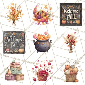 May include: Watercolor illustrations of fall-themed items. Includes a cornucopia, a cauldron with candy, a basket of apples, pumpkins, and bouquets. Two signs read "Welcome Fall" with floral and pumpkin accents. The color palette features warm autumn tones.
