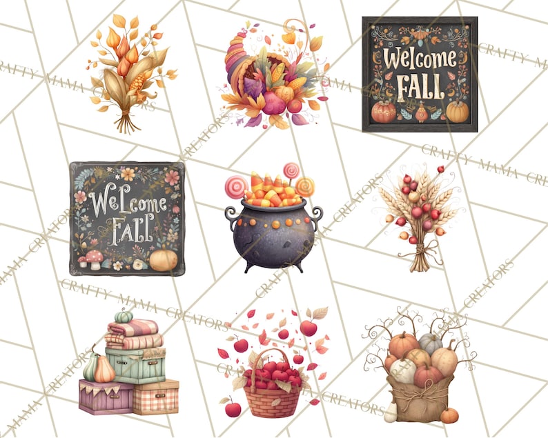 May include: Watercolor illustrations of fall-themed items. Includes a cornucopia, a cauldron with candy, a basket of apples, pumpkins, and bouquets. Two signs read "Welcome Fall" with floral and pumpkin accents. The color palette features warm autumn tones.