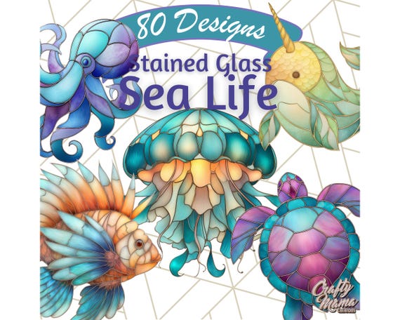 Stained Glass Sea Creatures Clipart, Ocean Animals Clip Art, Mermaid PNG, Fantasy Underwater Clipart, Cute Ocean Animal PNG, Jellyfish Art