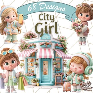 Kawaii City Girl Clipart, Soft Pastel Style PNG, Dreamy Big Eye Girl Clip Art, Cute Fashion Hair Makeup Accessories, Digital Download