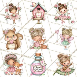 Puede incluir: Una colecci&oacute;n de ilustraciones caprichosas con hadas, una ardilla y una casita para p&aacute;jaros. Las hadas se representan en varias poses, algunas en columpios, otras con ciervos, y una tocando el ukelele. Los rosas, verdes y marrones suaves dominan.