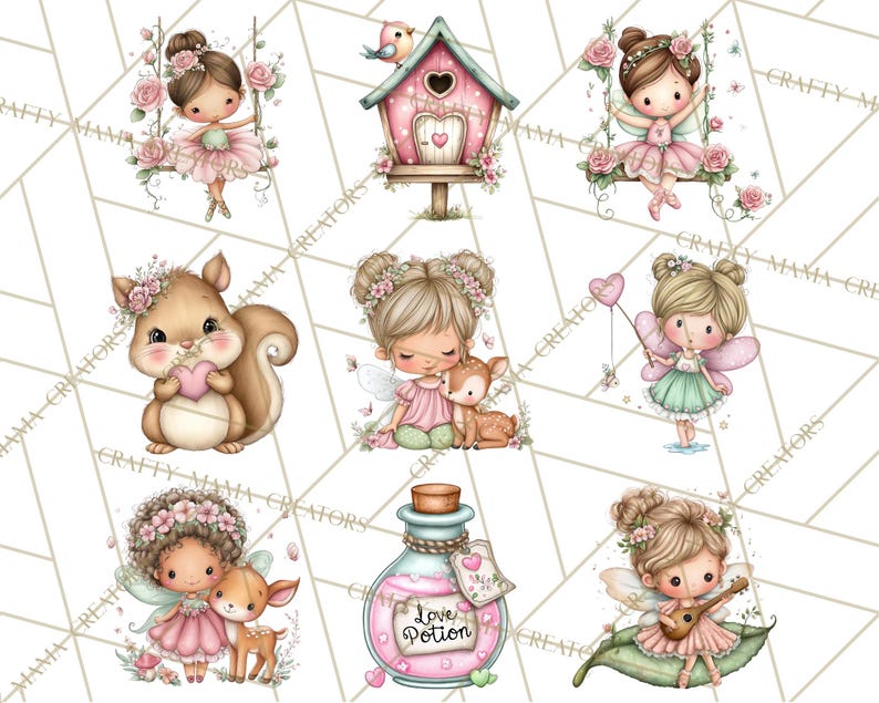 Puede incluir: Una colecci&oacute;n de ilustraciones caprichosas con hadas, una ardilla y una casita para p&aacute;jaros. Las hadas se representan en varias poses, algunas en columpios, otras con ciervos, y una tocando el ukelele. Los rosas, verdes y marrones suaves dominan.