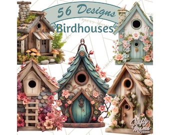 Op de afbeelding: Een afbeelding met verschillende decoratieve vogelhuisjes met bloemaccenten. De vogelhuisjes zijn in verschillende stijlen, waaronder rustiek hout en pastelkleuren, met de tekst "56 Designs Birdhouses".