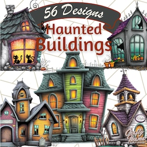 Peut inclure: Illustration de bâtiments hantés de dessins animés colorés. L'image présente diverses maisons effrayantes avec des fenêtres lumineuses, dont une maison avec deux silhouettes de chats noirs. Le texte indique "56 Designs Haunted Buildings."