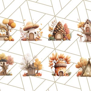 May include: A collection of watercolour illustrations depicting whimsical autumn houses. The images show eight unique dwellings, including a mushroom house and a treehouse with a telescope. Each house is surrounded by autumnal foliage in shades of orange, yellow, and brown.