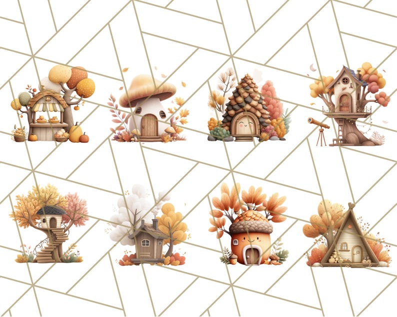 May include: A collection of watercolour illustrations depicting whimsical autumn houses. The images show eight unique dwellings, including a mushroom house and a treehouse with a telescope. Each house is surrounded by autumnal foliage in shades of orange, yellow, and brown.