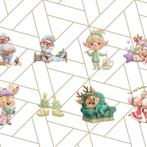 May include: A whimsical illustration featuring various Christmas-themed characters. Santa Claus reads to a child, an elf brushes their teeth, and a reindeer sleeps. Other images include a reindeer reading a book and a reindeer relaxing in a chair.