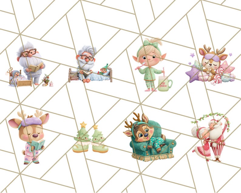 May include: A whimsical illustration featuring various Christmas-themed characters. Santa Claus reads to a child, an elf brushes their teeth, and a reindeer sleeps. Other images include a reindeer reading a book and a reindeer relaxing in a chair.