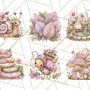 May include: A collection of whimsical watercolor illustrations featuring a snail, a cluster of leaves, a miniature garden scene, a stack of stones, a cute insect, and a group of mushrooms. The color palette includes soft pinks, greens, and purples, with floral accents.