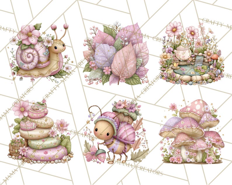 May include: A collection of whimsical watercolor illustrations featuring a snail, a cluster of leaves, a miniature garden scene, a stack of stones, a cute insect, and a group of mushrooms. The color palette includes soft pinks, greens, and purples, with floral accents.