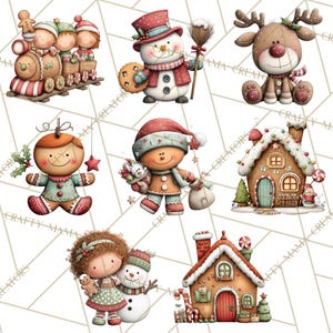 K&ouml;nnte beinhalten: Eine Sammlung von Aquarell-Illustrationen zum Thema Weihnachten. Das Bild zeigt einen Lebkuchenzug, einen Schneemann, ein Rentier, einen Lebkuchenmann, einen Lebkuchenjungen, ein Lebkuchenhaus, ein M&auml;dchen mit einem Schneemann und ein zweites Lebkuchenhaus.