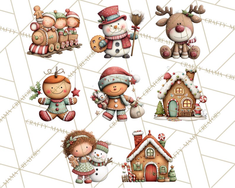 K&ouml;nnte beinhalten: Eine Sammlung von Aquarell-Illustrationen zum Thema Weihnachten. Das Bild zeigt einen Lebkuchenzug, einen Schneemann, ein Rentier, einen Lebkuchenmann, einen Lebkuchenjungen, ein Lebkuchenhaus, ein M&auml;dchen mit einem Schneemann und ein zweites Lebkuchenhaus.