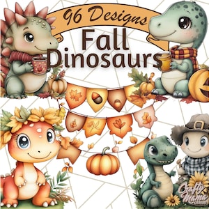 May include: 96 Designs Fall Dinosaurs. A digital clipart set featuring cute cartoon dinosaurs in fall-themed outfits. The dinosaurs are wearing hats, scarves, and holding pumpkins. There are also fall leaves and acorns in the image.