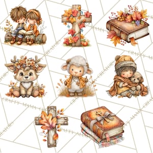 May include: A collection of watercolor illustrations featuring autumn themes. Includes images of a cross, a book, a deer, a lamb, a child with a puppy, and a couple reading. The illustrations are in warm tones of orange, brown, and yellow.