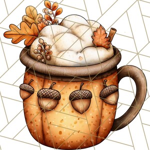 May include: A digital illustration of a fall-themed coffee mug. The mug is shaped like a pumpkin and adorned with acorns. It's filled with whipped cream and topped with autumn leaves and berries. The color palette includes shades of orange, brown, and cream.