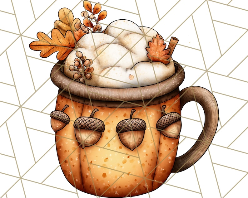 May include: A digital illustration of a fall-themed coffee mug. The mug is shaped like a pumpkin and adorned with acorns. It's filled with whipped cream and topped with autumn leaves and berries. The color palette includes shades of orange, brown, and cream.