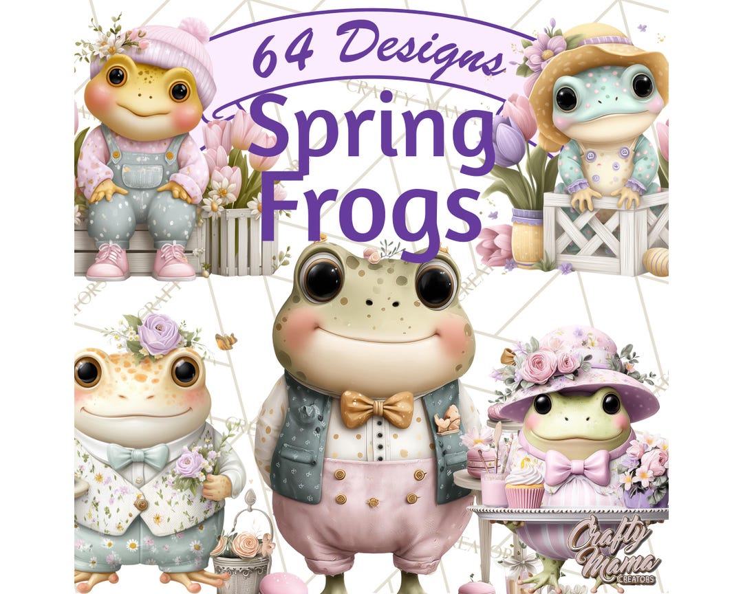 64 Png, Easter Frogs in Fancy Fits, Cute Spring Clipart, Pastel Flowers ...