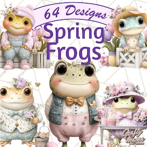 Puede incluir: Ilustración digital con varias ranas antropomórficas vestidas con atuendos primaverales. Las ranas llevan sombreros, pajaritas y trajes en colores pastel. El texto "64 Designs Spring Frogs" se muestra en una pancarta.
