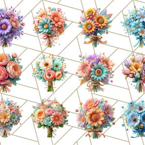 Op de afbeelding: Twaalf kleurrijke boeketten met bloemen in roze, oranje, blauw, paars en geel. Elk boeket is gebonden met linten en touw. De achtergrond heeft een geometrisch patroon.