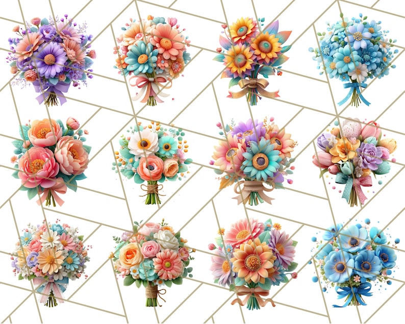 Op de afbeelding: Twaalf kleurrijke boeketten met bloemen in roze, oranje, blauw, paars en geel. Elk boeket is gebonden met linten en touw. De achtergrond heeft een geometrisch patroon.