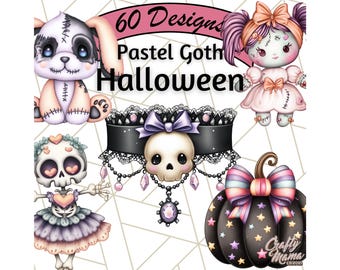 Imágenes prediseñadas de Halloween estilo gótico pastel, calaveras lindas, murciélagos, muñecas embrujadas, luna y estrellas, PNG de Halloween pastel, imágenes prediseñadas espeluznantes y lindas, estética gótica