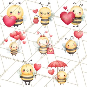 May include: Watercolor illustrations of adorable cartoon bees in various poses. The bees are yellow and black, holding red hearts, balloons, and a shopping bag. Some bees are under a red umbrella. The background is a white geometric pattern.