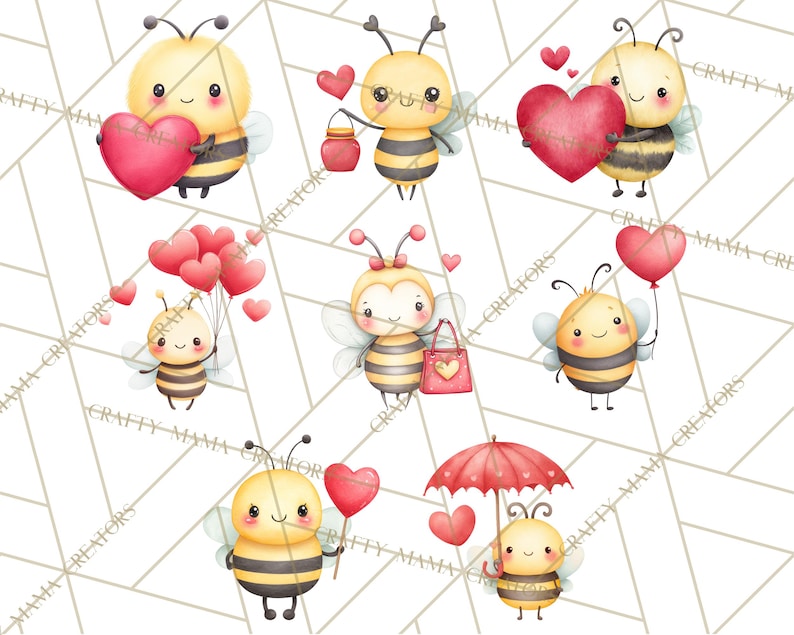 May include: Watercolor illustrations of adorable cartoon bees in various poses. The bees are yellow and black, holding red hearts, balloons, and a shopping bag. Some bees are under a red umbrella. The background is a white geometric pattern.