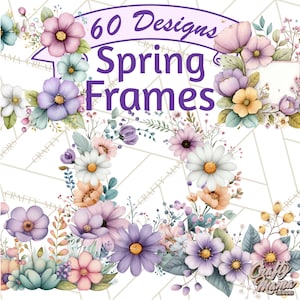 May include: A collection of watercolour floral designs with the text "60 Designs Spring Frames". The image showcases various flowers in purple, pink, yellow, and white, arranged decoratively. The background features a geometric pattern.