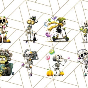 May include: A collection of whimsical skeleton illustrations. Each skeleton is depicted in various activities, such as skateboarding, riding a scooter, and wearing headphones. The skeletons are set against a white background with a geometric pattern.