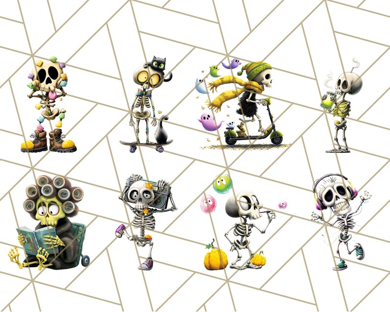 May include: A collection of whimsical skeleton illustrations. Each skeleton is depicted in various activities, such as skateboarding, riding a scooter, and wearing headphones. The skeletons are set against a white background with a geometric pattern.