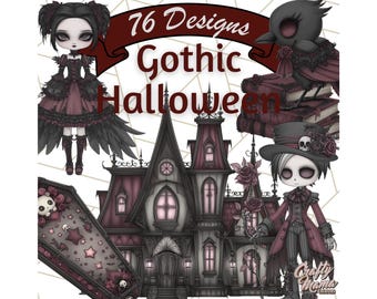 Gothic Halloween Clipart, Dark Aesthetic Halloween Clip Art, Gothic Pumpkins, Skeletons, Bats, Haunted House PNG, Witchy Halloween Graphics