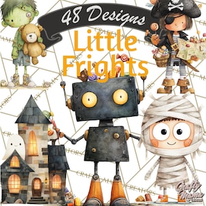 48 Png Adorable Kids Halloween Clipart, Cute Halloween Characters and Props PNG, Watercolor Clip Art, Simple Halloween Illustration for Kids