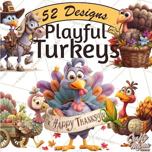 52 Png Whimsical Turkey Clipart, Thanksgiving Turkey PNG, Cute Cartoon Turkey Clip Art, Realistic Character Illustration, Printable Graphics