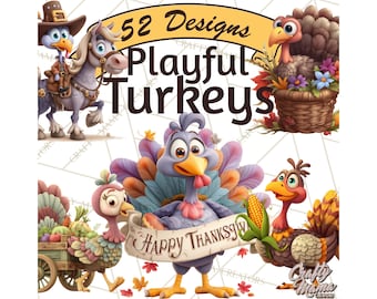 52 Png Whimsical Turkey Clipart, Thanksgiving Turkey PNG, Cute Cartoon Turkey Clip Art, Realistic Character Illustration, Printable Graphics