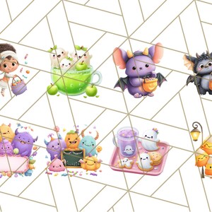 Pu&ograve; includere: Una collezione di illustrazioni stravaganti con personaggi dei cartoni animati. Le immagini includono una ragazza con un cestino, fantasmi in una tazza da t&egrave;, un pipistrello viola, un pipistrello grigio, un gruppo di mostri, un gruppo di zucche, una bevanda con un fantasma, biscotti e caramelle di mais.