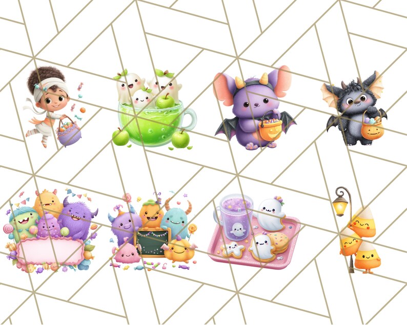 Pu&ograve; includere: Una collezione di illustrazioni stravaganti con personaggi dei cartoni animati. Le immagini includono una ragazza con un cestino, fantasmi in una tazza da t&egrave;, un pipistrello viola, un pipistrello grigio, un gruppo di mostri, un gruppo di zucche, una bevanda con un fantasma, biscotti e caramelle di mais.