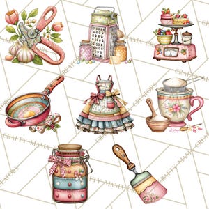 May include: A collection of watercolour illustrations featuring kitchen and baking items. Includes a pink kitchen scale with cakes, a grater, jars, a frying pan, a spatula, a floral apron, a cup with a strainer, and garden shears.