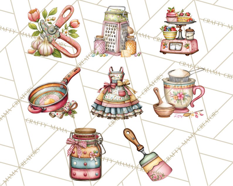 May include: A collection of watercolour illustrations featuring kitchen and baking items. Includes a pink kitchen scale with cakes, a grater, jars, a frying pan, a spatula, a floral apron, a cup with a strainer, and garden shears.