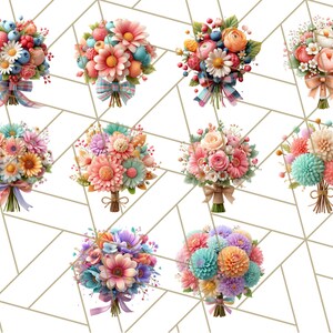 Op de afbeelding: Een verzameling van negen kleurrijke bloemboeketten. Elk boeket bevat een verscheidenheid aan bloemen in roze, oranje, blauwe en paarse tinten, vastgebonden met linten of touw. De boeketten zijn gerangschikt op een witte achtergrond met een geometrisch patroon.
