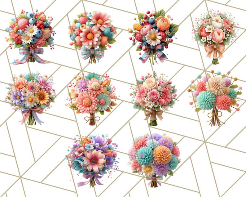Op de afbeelding: Een verzameling van negen kleurrijke bloemboeketten. Elk boeket bevat een verscheidenheid aan bloemen in roze, oranje, blauwe en paarse tinten, vastgebonden met linten of touw. De boeketten zijn gerangschikt op een witte achtergrond met een geometrisch patroon.