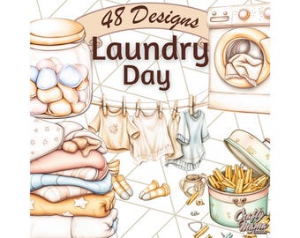 May include: An illustration with the text "Laundry Day" features a washing machine, clothes hanging on a line, and a stack of folded blankets. A jar of soap and a container of clothespins are also shown. The image has a soft, pastel color palette.