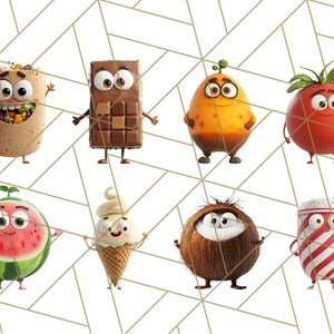 May include: A collection of cartoon food characters with human-like features. The characters include a burrito, a chocolate bar, a tomato, a watermelon, a coconut, an ice cream cone, and a milkshake.
