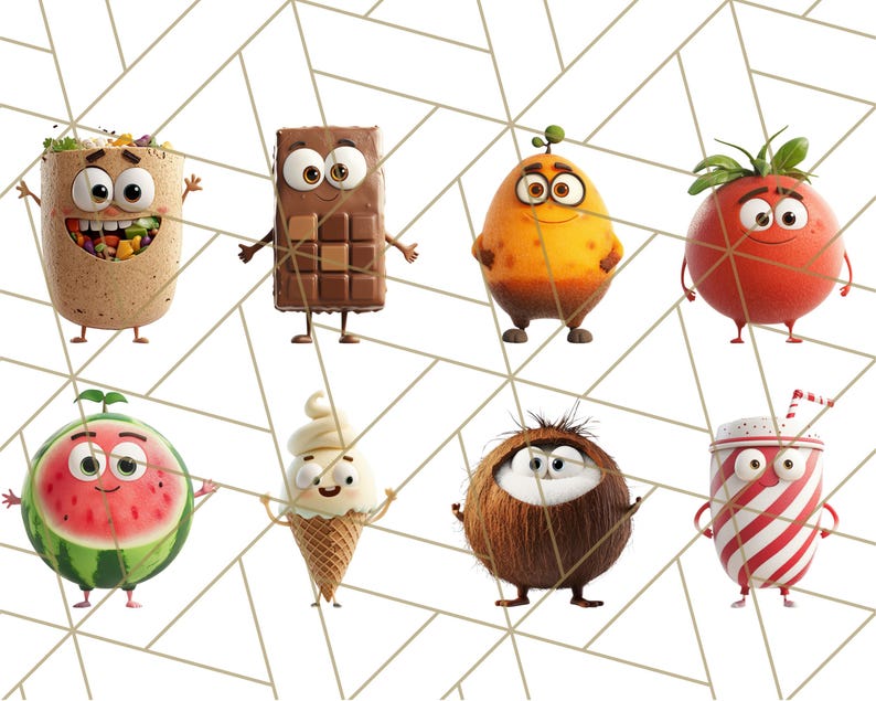 May include: A collection of cartoon food characters with human-like features. The characters include a burrito, a chocolate bar, a tomato, a watermelon, a coconut, an ice cream cone, and a milkshake.