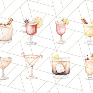 K&ouml;nnte beinhalten: Aquarellillustration von acht verschiedenen Cocktails. Zu den Getr&auml;nken geh&ouml;ren ein Becher mit Zimtstangen, ein Stielglas mit einer Orangenscheibe, ein rosa Cocktail mit einer Limette und ein gelber Cocktail mit einer Zitronenscheibe.